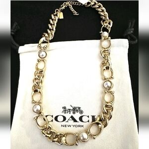 Coach Gold and Pearl Signature Curb Chain Necklace